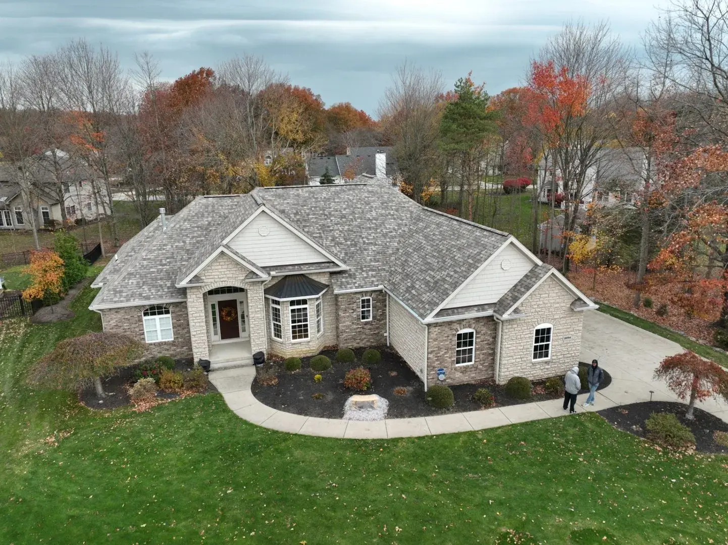 Aerial drone view of Ohio residential roofing project